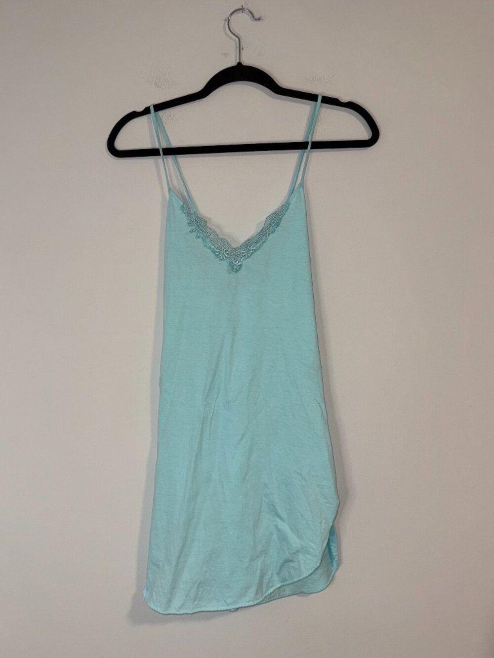 VTG 90s Light Blue Crochet Lace Trim Cotton Spaghetti Strap Nightie Sz S